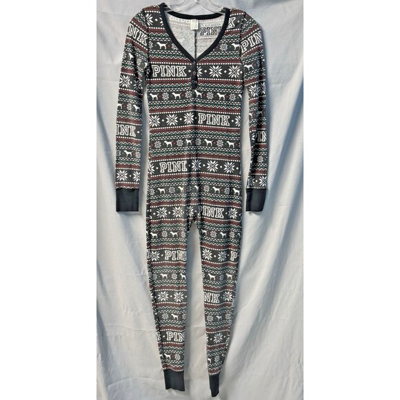 Victorias Secret Pink Fairisle Thermal Long Johns Bottom Flap Opens Pajama XS - Picture 1 of 12